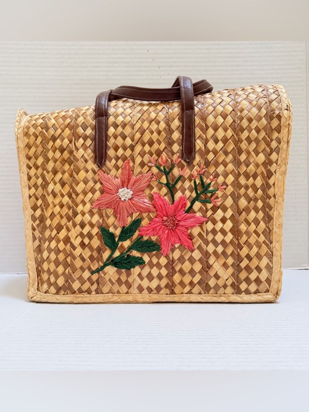 Vintage Woven Straw Tote with Pink Floral Embroidery